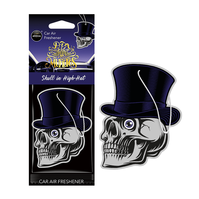 Aroma Car Dia De Los Muertos Skull in a high hat, black oud